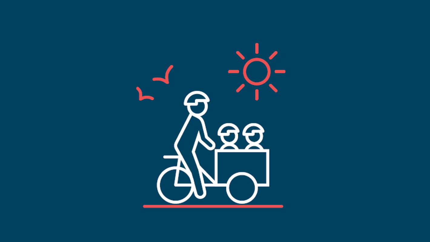 Ikon ladcykel med dagplejer og 2 børn i cykelen