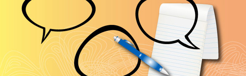 Grafik med talebobler, kuglepen og blok på orange baggrund