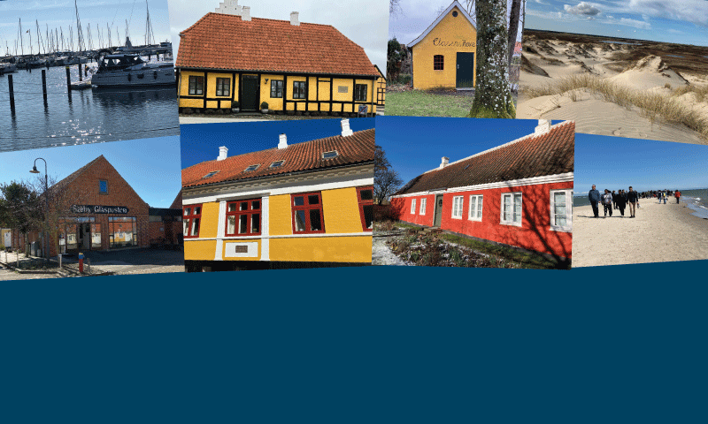 Banner med små fotos af Kongeparrets besøgssteder, fx. Sæby Havn, Sæby Glaspusteri og Anchers Hus