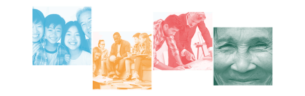 Forside billeder fra den trykte version af integrationspolitikken - bl.a. asiatisk familie, afrikaner og europærere