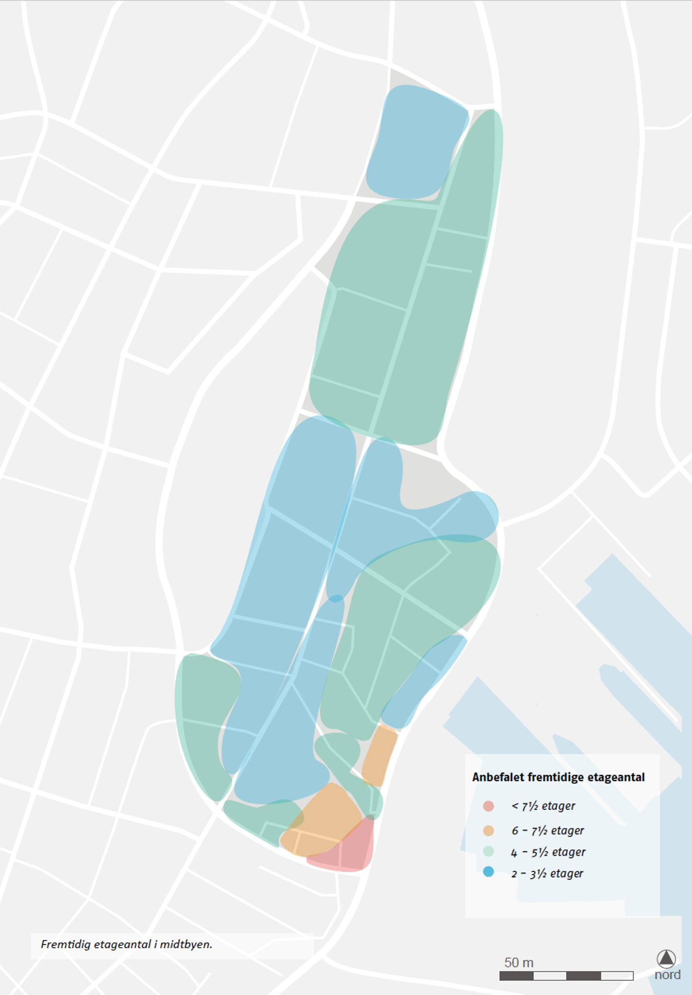 Kort, der viser fordeling af etageantal i midtbyen