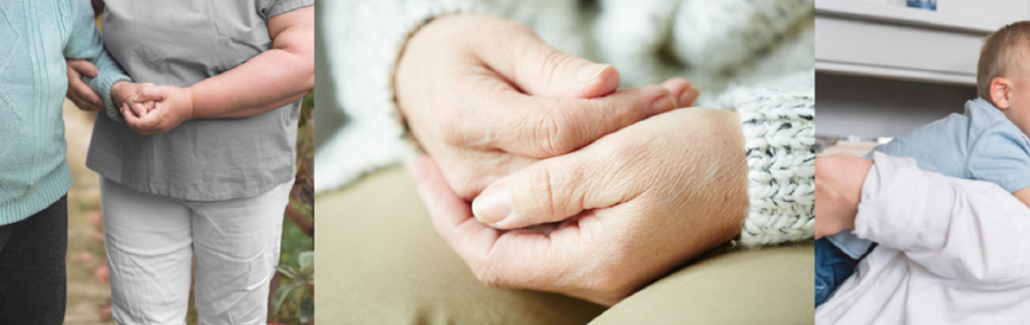 Billedfrise med ældre, der støtter hinanden, ældre hænder samt bedstemor med barnebarn på ryggen