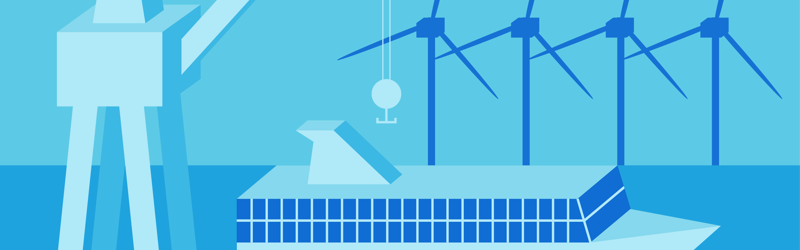 Vindmøller, kran og færge på vandet. Symboliserer politikker og visioner på erhverv og energiområdet