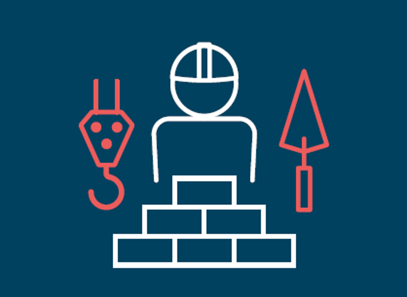 Piktogram med medarbejder omgivet af kran, murerske og mursten