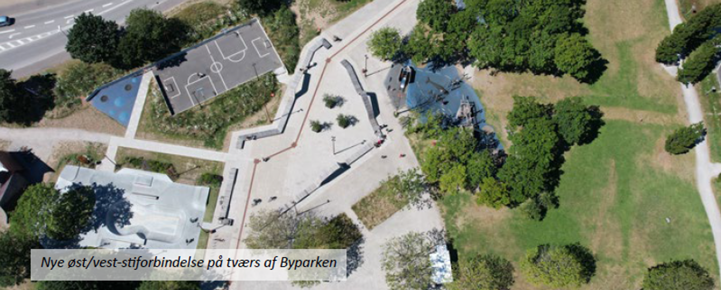 Luftfoto af øst-vest stiforbindelse i Rådhusparken i Frederikshavn