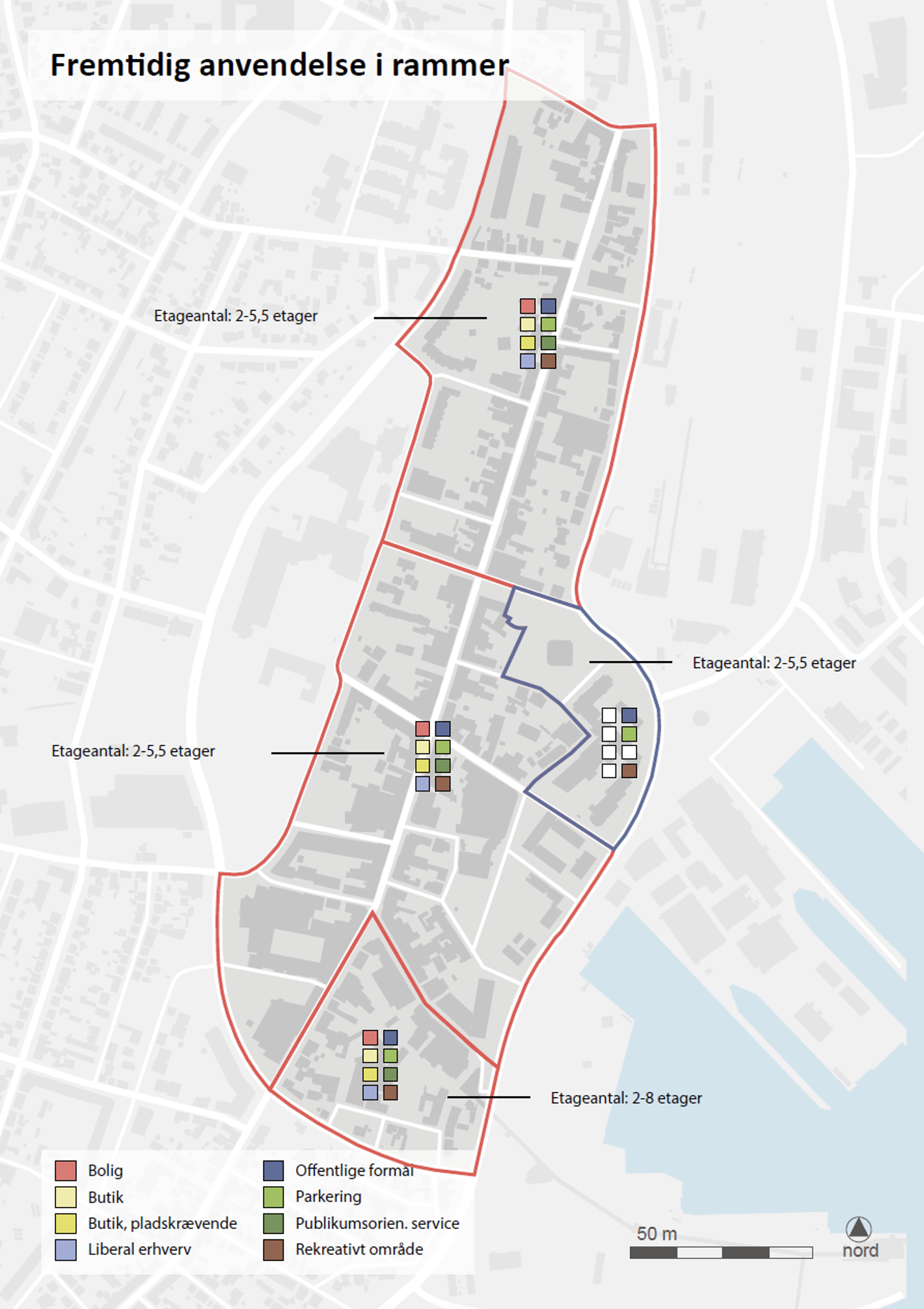 Kort over, hvordan man fremadrettet ønsker at anvende bygningerne i bymidten.