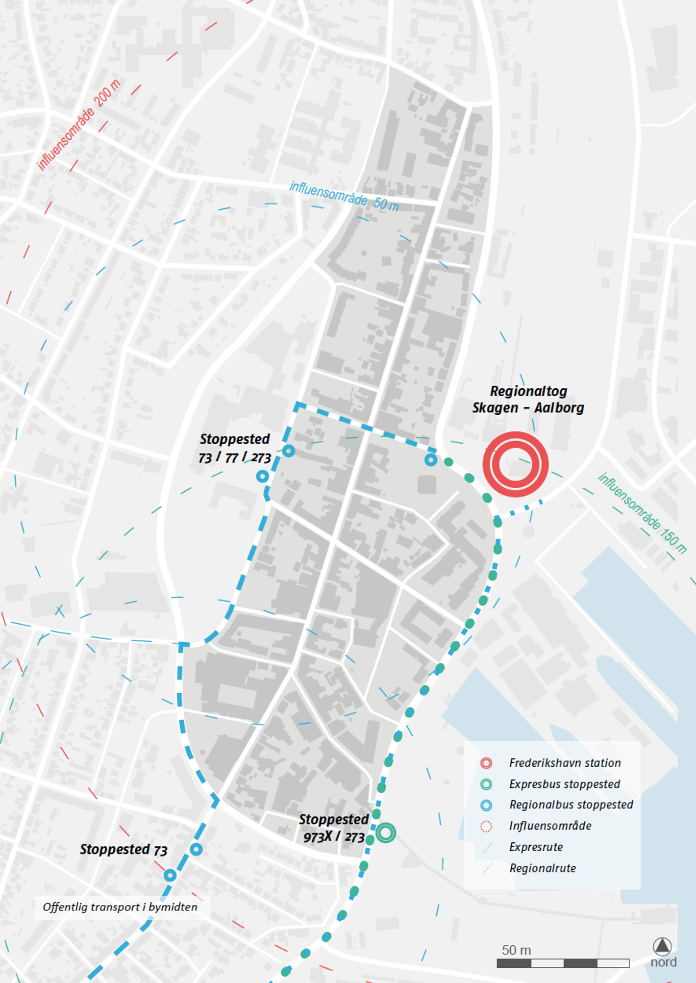 Kort over offentlig transport i bymidten.