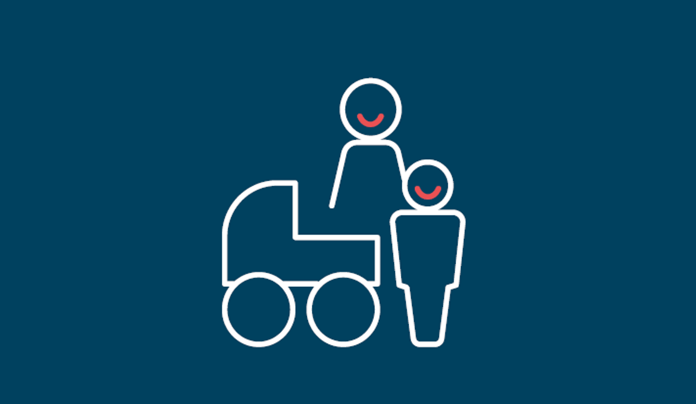 Ikon med barnevogn, voksen og barn