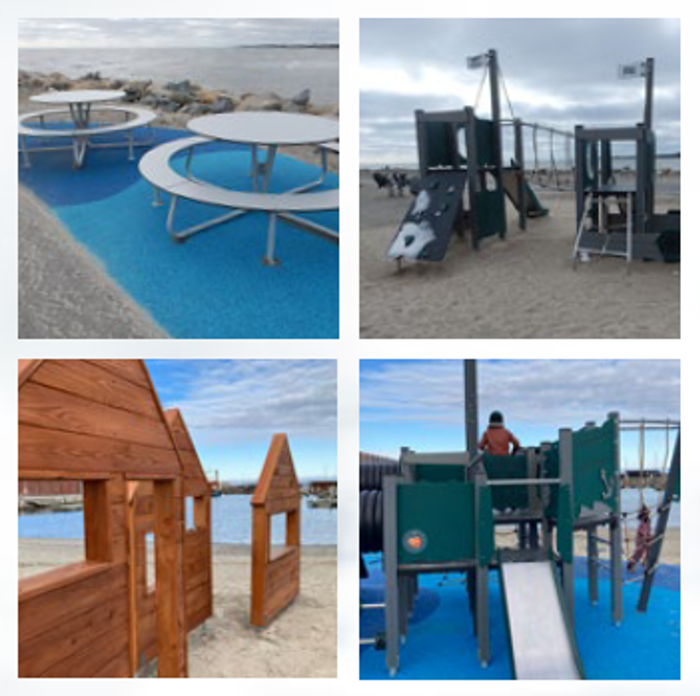 4 fotos af legeredskaber fra den nye legeplads på Sæby Havn