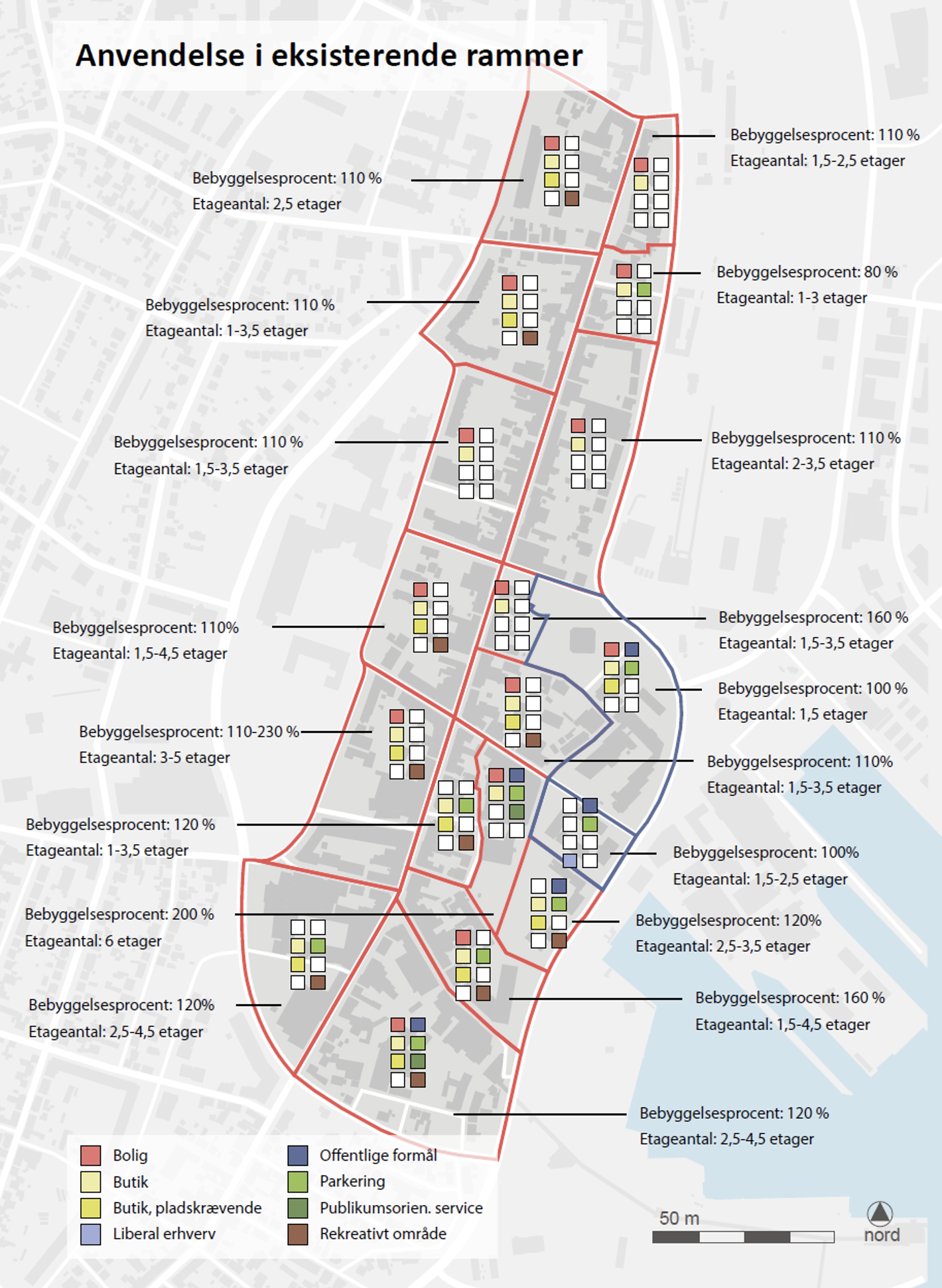 Kort, der viser hvordan bygningerne i midtbyen er anvendt