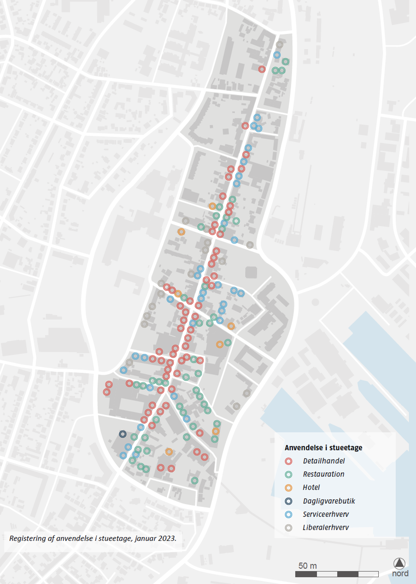 Kort over anvendelse af stueetagen i midtbyen.