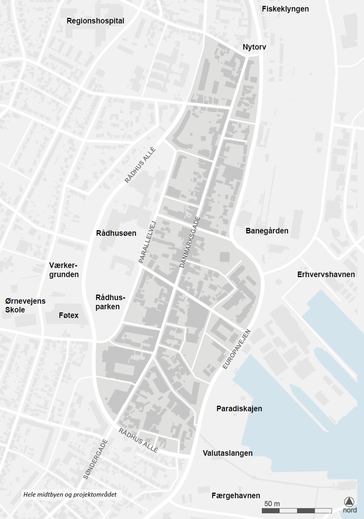 Kort over midtbyen og projektområdet