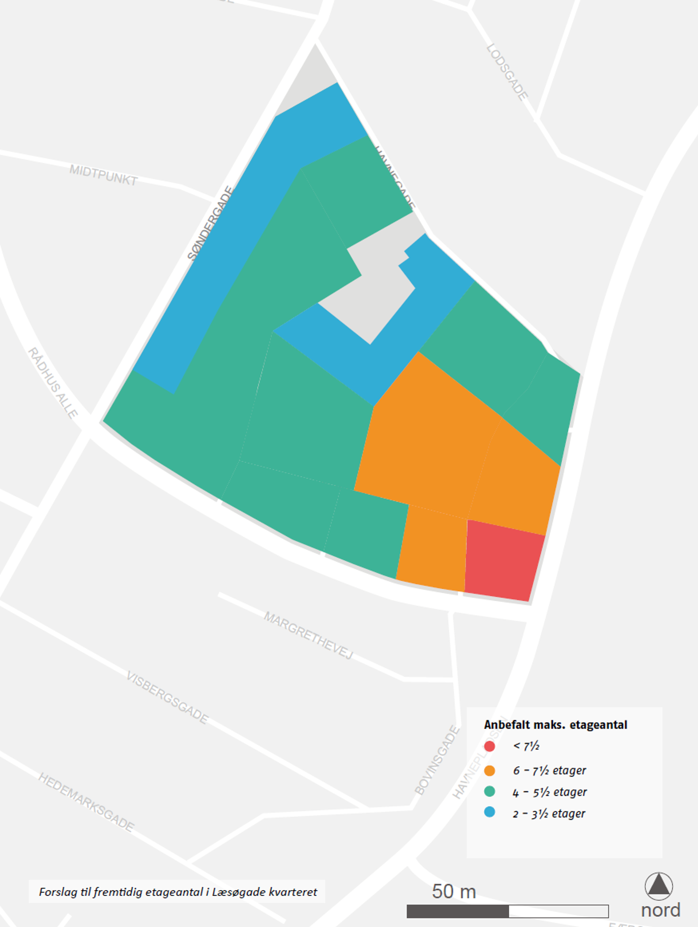 Kort over anbefalet etageantal i Læsøgade kvarteret
