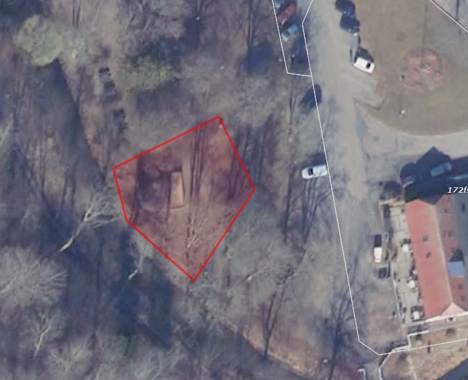 Luftfoto over Møllehusområdet ved friluftsscenen med indtegnet areal.