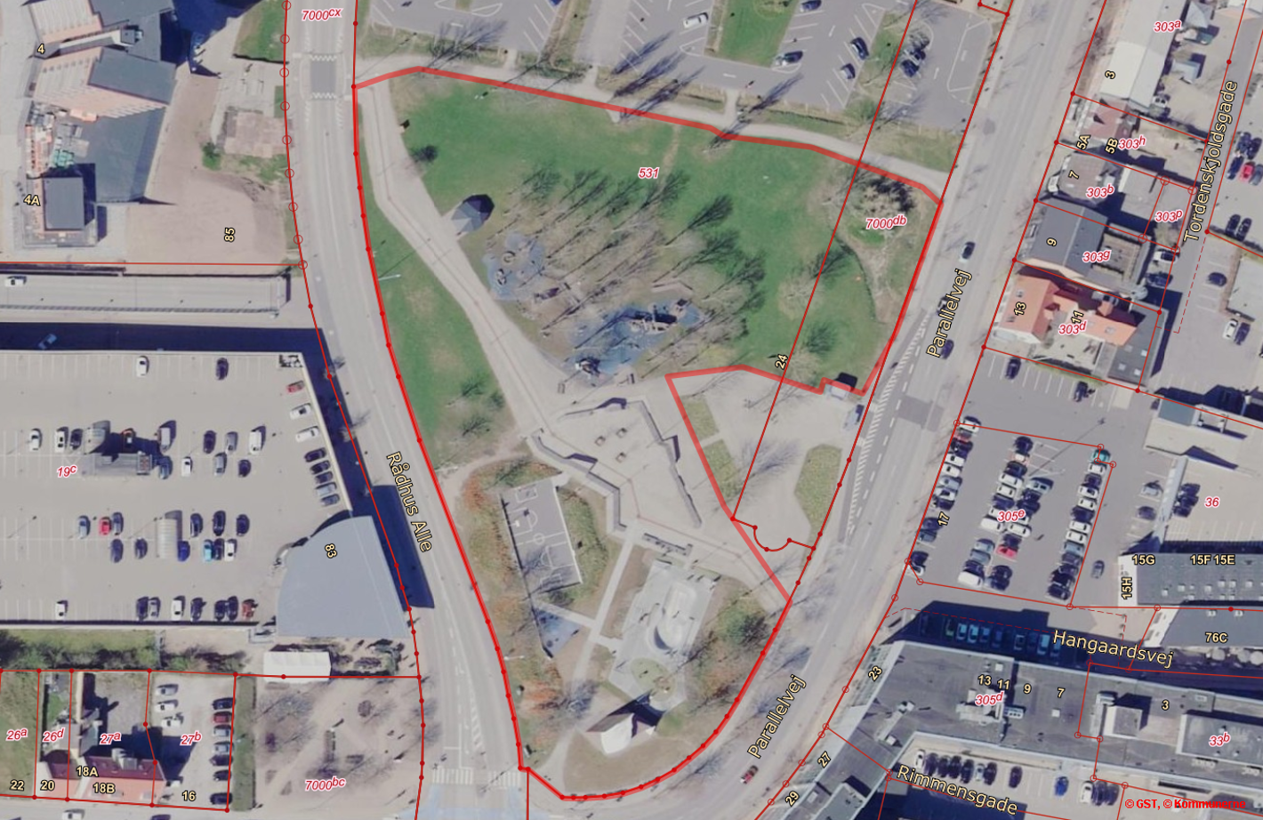 Luftfoto over Rådhusparken med indtegnet areal