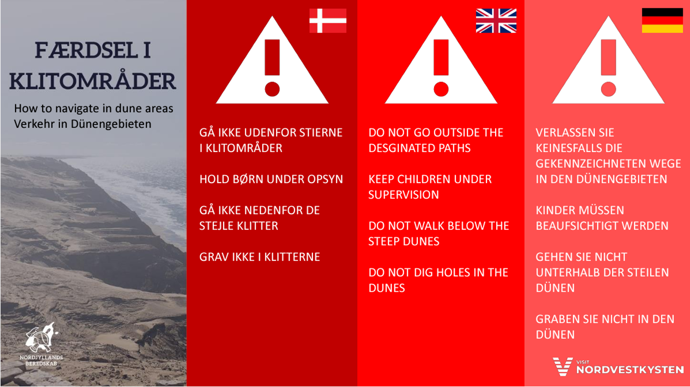 Advarsel om færdel i klitter på dansk, tysk og engelsk