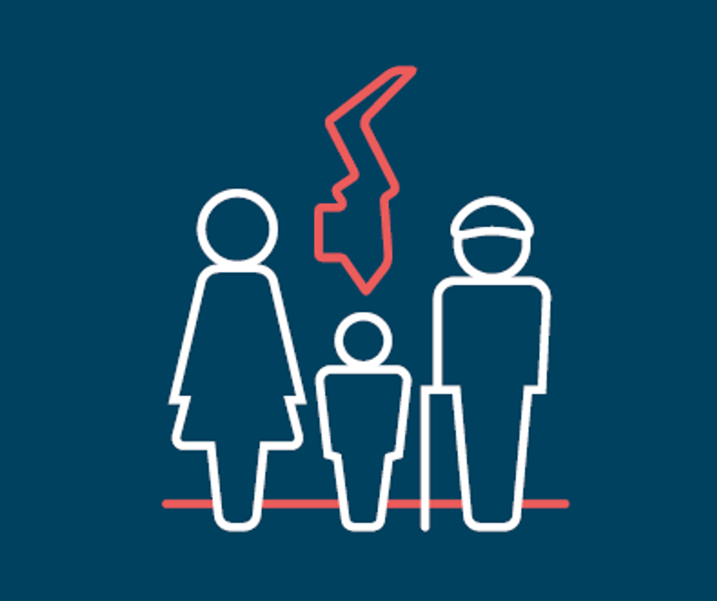 Piktogram med en familie og konturerne af kommunens i baggrunden