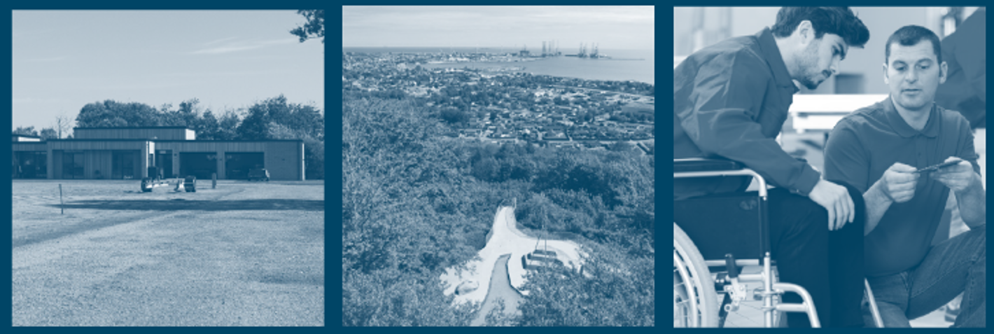 Billedfrise med 3 billeder, bl.a. dronebillede af platformen på Pikkerbakken og person i kørestol, i samtale med en anden